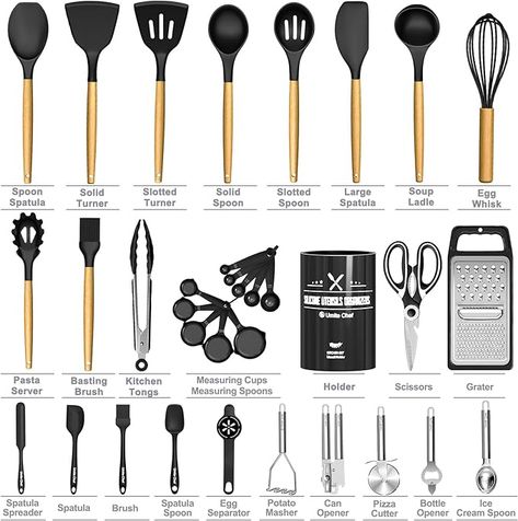 Kitchen Utensils Set- 34PCS Silicone Cooking Utensils with Holder, Umite Chef Heat Resistant Kitchen Utensil Spatula Set for Nonstick Cookware, Black Wooden Handles Kitchen Gadgets Tools Set Silicone Cooking Utensils, Spoon Crafts, Tongs Kitchen, Cooking Utensils Set, Spatula Set, Kitchen Utensil Set, Nonstick Cookware, Measuring Cup, Kitchen Utensil