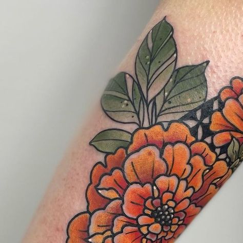 Rat Girl • Queer Tattoo Artist on Instagram: "Marigolds —🌼🌿🍊— Huge thanks to Leah for driving quite a ways & braving a snowstorm to get tattooed by me yesterday! Glad you got home safe and sound 🤗 I had a lot of fun tattooing some marigolds & patterns on ya! Can’t wait to add some more to your arm in the future!  . . . . . . . . . . #ohiotattooers #marigoldtattoo #marigoldflower #sacredgeometry #colorfultattoo #qttr #queerartist #33lionstattoo #ratgirltattoo" Marigold Color Tattoo, Marigold Tattoo Traditional, Marigold Tattoo, Rat Girl, Tattoo Aesthetic, Safe And Sound, Marigold Flower, Snow Storm, Tattoo Inspo