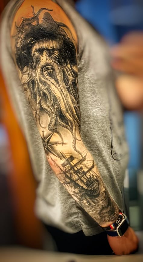 Davey Jones Tattoo, Pirate Sleeve Tattoo, Davy Jones Tattoo, Pirate Tattoo Sleeve, Pirate Sleeve, Ship Tattoo Sleeves, Nautical Tattoo Sleeve, Octopus Tattoo Sleeve, Pirate Ship Tattoo