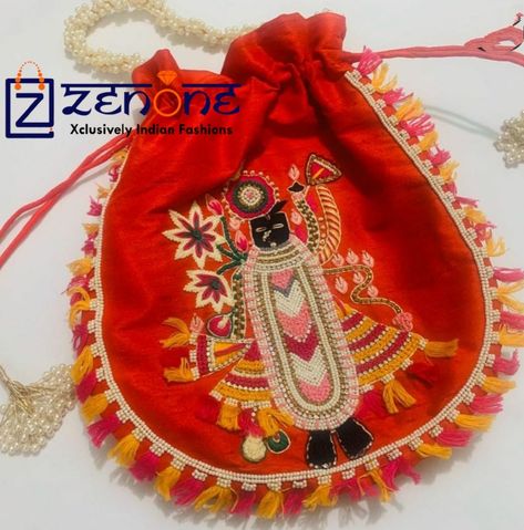 Handmade shrinathji potlibag for order +9176003 90008 madeup of silk, pearl, thread. every flavour of life start and settle with inner peace, & who knows it better then us, yoga freaky Indians, Shreenathji Work Blouse, Potli Purse, Blouse Painting, Pretty Dresses Casual, Kutch Work Designs, Kids Blouse Designs, Potli Bag, Cutwork Blouse Designs, Embroidery On Kurtis