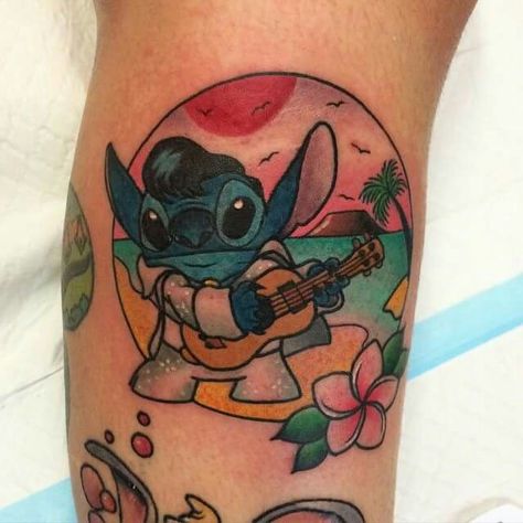 Elvis Stitch Tattoo, Elvis Stitch, Elvis Tattoo, Rockabilly Tattoos, Disney Inspired Tattoos, Ohana Tattoo, Stitch Tattoo, Stitching Projects, Bff Tattoos