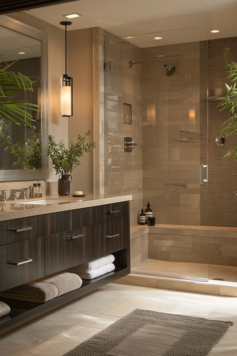 organic modern bathroom, neutral bathroom, earthy bathroom, bathroom inspo Neutral Houses Interior, Dream Modern Bathroom, Organic Modern Townhouse, Organic Modern Cottage Decor, Earthy Tones House Interior, Modern Mountain Bathroom Design, Bathroom With Natural Light, Earthy Boho Bathroom Ideas, Organic Modern Bathroom Ideas