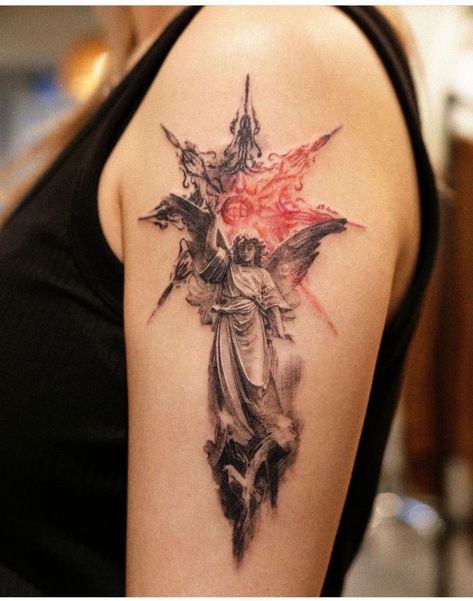 Renassaince Tattoo, Principalities Angels Tattoo, Classical Art Inspired Tattoos, Catholic Tattoos Men, Abstract Angel Tattoo, Small Filler Tattoo Ideas Men, Top Back Tattoo For Women, Greek Back Tattoo, Sleave Ideas Men