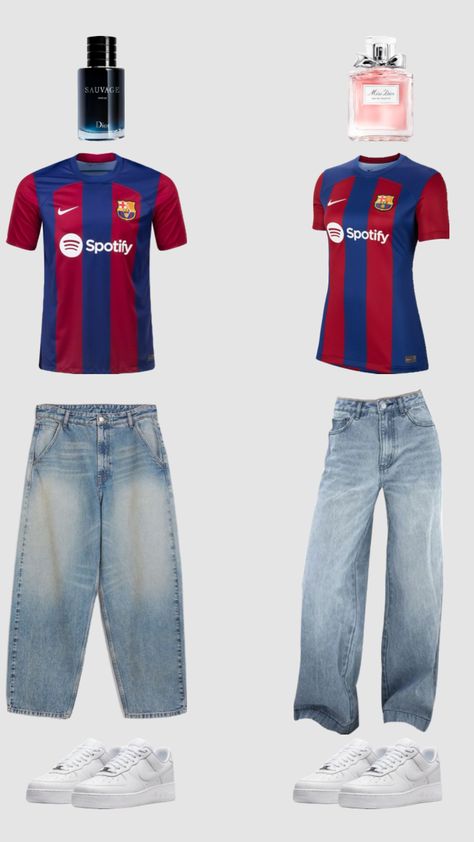 Barcelona Jersey Outfit, Barca Outfit, Vintage Barcelona, Barcelona Jersey, Street Style Outfits Casual, Barcelona Fc, Baggy Shorts, Jersey Outfit, Matching Couple Outfits