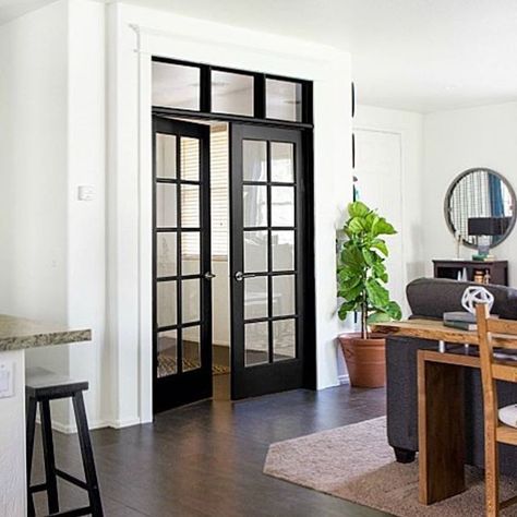 I can't stop staring at this gorgeous DIY transom and black French doors from one of our besties, @pneumaticaddict! She is an insanely talented builder and her home is gorgeous! Follow her at @pneumaticaddict! Don't forget to use #myclassyclutter for a chance to be featured! #ccfaves Black French Doors Interior, French Doors With Transom, French Door Interior, Black French Doors, Installing French Doors, Transom Window, Glass Doors Patio, Double French Doors, Interior Design Elements