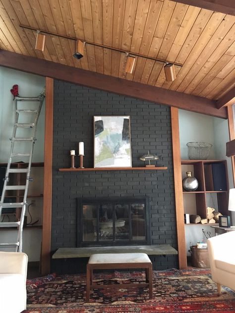 Before + After: A DIY Graphite Brick Fireplace Makeover Painted Brick Fireplace, Painted Brick Fireplaces, Diy Fireplace Makeover, Brick Fireplace Makeover, Before After, Fireplace Remodel, Home Fireplace, Up House, Fireplace Makeover