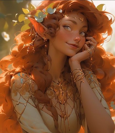 Crop of another pin Ginger Elf Art, Dnd Fairy Art, Fae Character Inspiration, Summer Elf Dnd, Eladrin Elf Autumn, Dnd Eladrin Elf, Autumn Eladrin Female Dnd, Aasimar Female Druid, Sun Elf Female Dnd