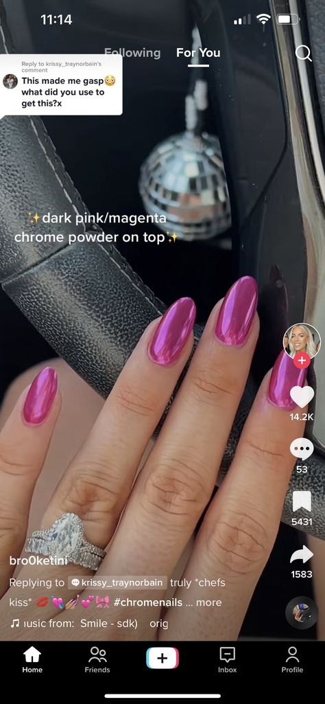 Fuchsia Chrome Nails, Dark Pink Chrome Nails, Hoco Nails, Pink Chrome Nails, Hot Pink Nails, Pink Chrome, Chrome Powder, Metallic Nails, Mirror Effect