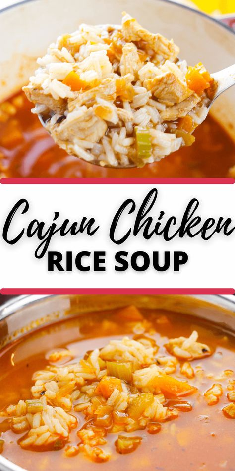 Cajun Chicken and Rice Soup is a delicious, slow-cooked chicken and rice dish that’s especially tasty with a sprinkling of Cajun spices. Creole Chicken Soup, Louisiana Soup Recipes, Spicy Chicken Rice Soup, Cajun Chicken Soup Recipes, Soup With Chicken And Rice, Cajun Chicken And Rice Soup, Creamy Cajun Soup, Cajun Soups And Stews, Cajun Ground Beef Recipes