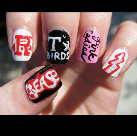 Cool Grease nails. Perfect for my schools Grease musical week! Grease Nails, Grease Is The Word, Grease Movie, Daily Nail, Cute Nail Designs, Fancy Nails, Creative Nails, Beauty Nails, How To Do Nails