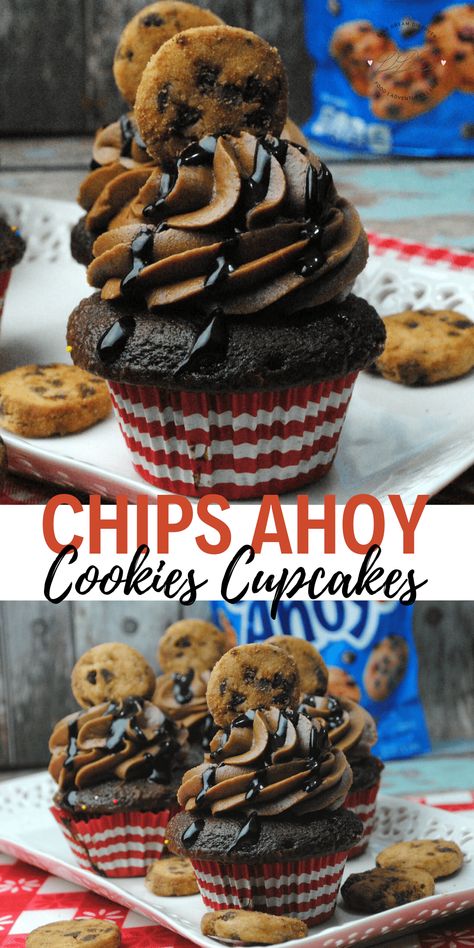 Chips Ahoy Cookie Cupcake - Dine Dream Discover Chips Ahoy Cake, How To Make Chips, Tasty Cupcakes, Chips Ahoy Cookies, Mocha Frosting, Mocha Cupcakes, Chocolate Chip Cupcakes, Fancy Cupcakes, Weeknight Recipes