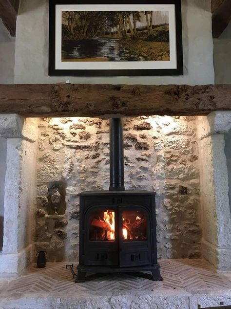 Wood Stove Enclosure, Wood Burning Stove Ideas, Wood Stove Surround, Wood Burner Fireplace, Wood Burning Stoves Living Room, Log Burner Living Room, Cottage Fireplace, South West France, West France