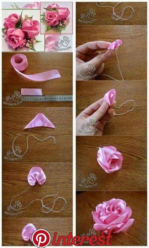 Tutorial Sulaman Pita, Sewing Ribbon Flowers, Silk Ribbon Embroidery Tutorial, Ribbon Flowers Diy, Sulaman Pita, Satin Ribbon Roses, Ribbon Embroidery Kit, Ribbon Flower Tutorial, Fleurs Diy