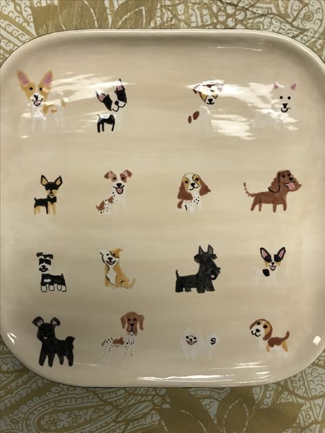 Doggies on ceramic plate Dog Pottery Painting, Dog Bowl Pottery Painting, Ceramic Dog Bowl Painting Ideas, Pottery Painting Animals, Keramik Painting, Ceramic Plates Designs, Dog Pottery, Diy Pottery Painting, Ceramic Dog Bowl