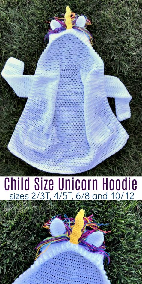 Child Size Unicorn Hoodie Crochet Pattern (size 10/12) Crochet Unicorn Pattern Free, Crochet Unicorn Pattern, Unicorn Hoodie, Gilet Crochet, Crochet Kids, Crochet Toddler, Crochet Unicorn, Crochet Things, Unicorn Pattern