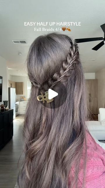 Grace Weston on Instagram: "A twist stacked on top of a braid! Such a fun look:)

#easyhairstyles #fallhairinspo #halfuphalfdownhairstyle #braidstyles" Two Plaits Half Up Half Down, Braided Hairstyles With Hair Down, Half Up Half Down Hair With Braid, Stacked Braids, Braid Half Up, Half Braided Hairstyles, Thanksgiving Hairstyles, Braid Half Up Half Down, Half Braid