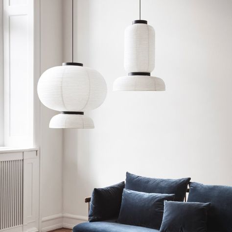 Japan inspired rice paper lanterns and dark indigo furniture -  Nordic Nest Unique Pendant Lights, Lantern Pendant Lighting, Suspension Design, Washi Paper, Energy Efficient Lighting, Adjustable Lighting, Lantern Pendant, Pendant Lamps, Paper Lanterns