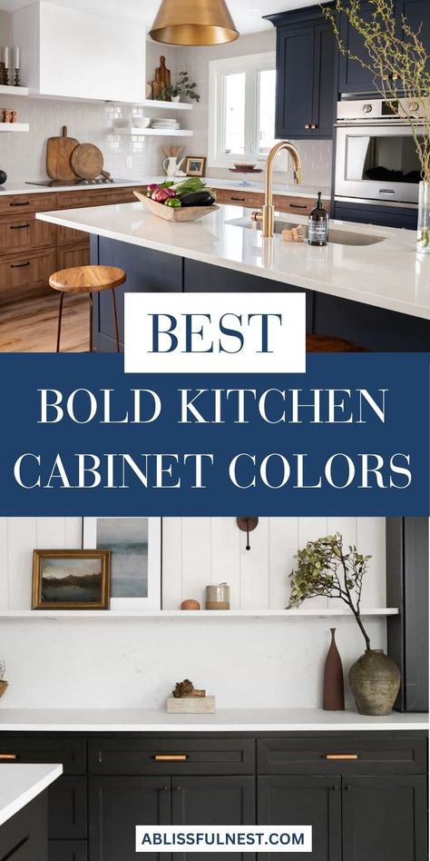 Spice up your kitchen with bold kitchen cabinet colors! From vibrant red to deep navy, these cabinets will surely make a statement. #boldkitchencabinets #colorfulkitchen #kitchendesign Kitchen Cabinets With Color, Deep Blue Cabinets Kitchen, Bold Bathroom Cabinet Colors, Bold Cabinet Colors, Kitchen Sink Cabinet Different Color, Bold Kitchen Cabinet Colors, Bold Kitchen Cabinets, Duo Colored Kitchen Cabinets, Navy Kitchen Cabinets Color Combos