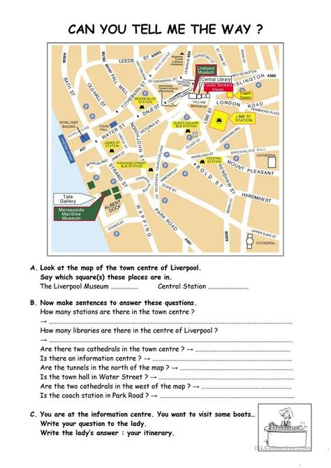 Can you tell me teh way ? - English ESL Worksheets Liverpool Museum, Grammar Questions, Map Worksheets, Map Reading, Esl Resources, Give Directions, Answering Questions, Teaching Jobs, Esl Worksheets