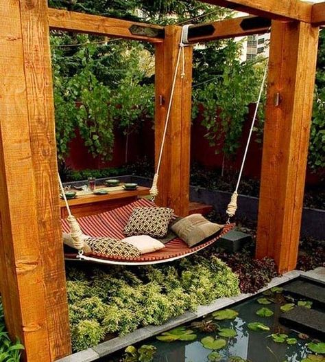 31 DIY Ways To Make Your Backyard Awesome This Summer Playground Landscaping, Garden Seating Area, Backyard Hammock, Backyard Swings, Garden Swing Seat, Backyard Shade, Front Garden Design, Budget Patio, Backyard Pergola