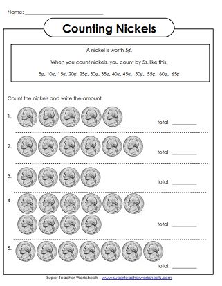 Nickel Worksheet, Counting Nickels Worksheet, Coins Activities, Coins Worksheet, Counting Coins Activities, Counting Coins Worksheet, Counting Money Worksheets, Math Money, Money Math Worksheets