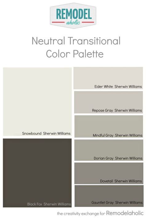 Whole House Paint Color Palette Using One Undertone | Remodelaholic | Bloglovin’ Black Fox Sherwin Williams, Gauntlet Gray Sherwin Williams, House Paint Color Palette, Transitional Color Palette, Sherwin Williams Snowbound, Mindful Gray Sherwin Williams, Gauntlet Gray, Interior Paint Colors Schemes, Mindful Gray