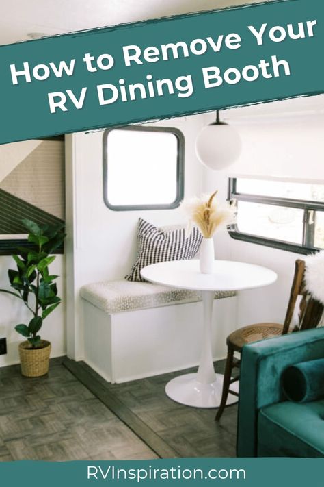 Renovating your RV and ready to ditch the dinette? Removing the RV dining booth is the number one renovation we see! It's also one of the easiest renovations you can make in an RV. With the right tools, you can complete this project in less than half an hour. Here's how to remove your RV dining booth—plus what to do if you find RV systems running under your booth. #rvrenovation #rvinspiration Camper Dinette Remodel, Rv Dinette Remodel, Rv Skirting, Rv Dinette, Easy Renovations, Trailer Renovation, Dining Booth, Habitat For Humanity Restore, Rv Types