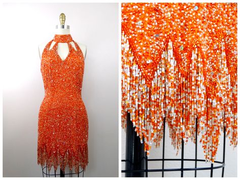 Orange Sequin Dress, Silver Outfits, Embellished Cocktail Dress, Beaded Party Dress, Sequined Dress, Naeem Khan, Sequin Party Dress, Fringe Dress, Beaded Fringe