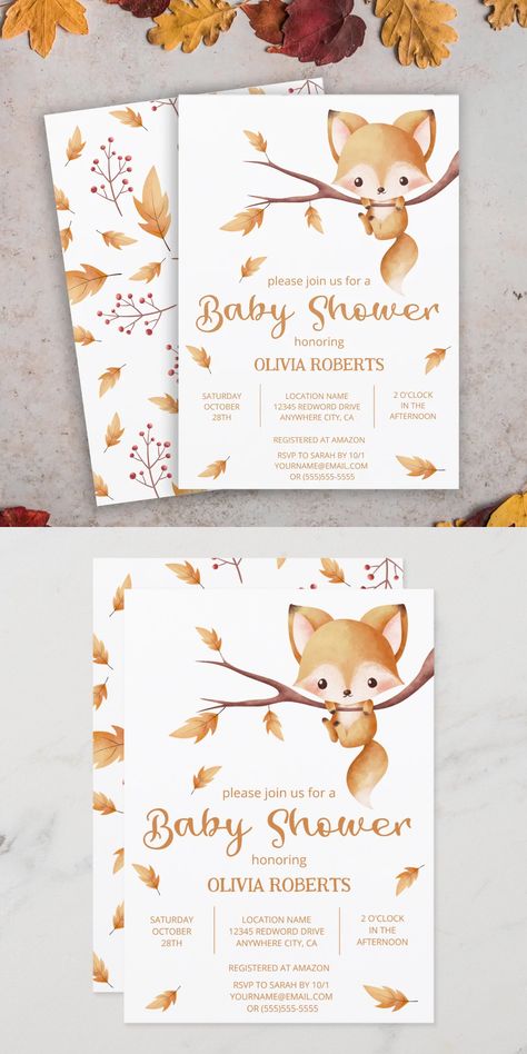 Woodland Autumn Baby Fox Baby Shower Invitation Adorable woodland autumn design featuring watercolor baby fox, autimn leaves and fall pattern on the backside. This design is gender neutral and can work for both baby girls and boys. You can add your own details very easily by using the template field. Fox Baby Shower Invitations, Woodland Autumn, Fox Baby Shower, Fox Baby, Autumn Design, Baby Shower Invitaciones, Fall Patterns, Baby Fox, Fall Design