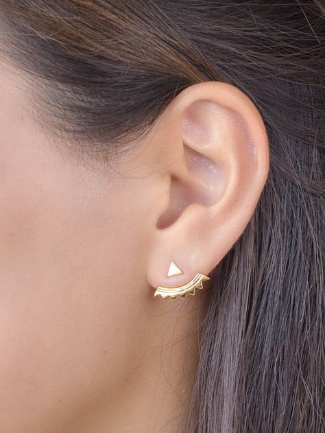 Floating Earrings, Bling Things, Gold Ear Jacket, Bridal Earrings Studs, Geode Jewelry, Wedding Studs, Triangle Earrings Stud, Gold Bridal Earrings, Triangle Studs