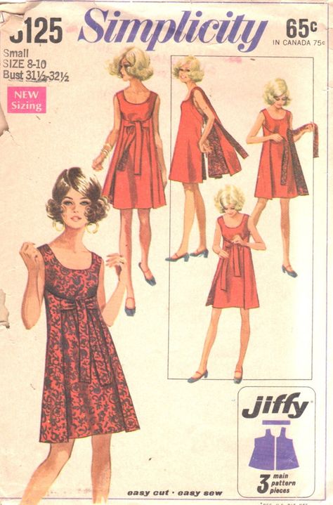 Simplicity 8125, Misses Jiffy Reversible Dress: The dress without side seams has scoop neckline. Dress front is fastened in back with ribbon ties. Dress back fastens in front with self fabric tie ends above normal waistline. Copyright: 1969 Size:  Small (8 - 10) Bust: 31 1/2 - 32 1/2 Waist:  23 - 24 Hip:  33 1/2 - 34 1/2 This pattern is cut and complete.   The brittle envelope is tattered and split on the sides with no flap.  OR Small Uncut OR Size:  Medium (12-14) Bust: 34 - 36 Waist:  25 1/2 - 27 Hip:  36 - 28 This pattern is uncut and factory folded.   The envelope has tattering.  OR Size: Large (16-18) Bust: 38 - 40 Waist: 29 - 31 Gip: 40 - 42 This pattern is uncut and factory folded.  The marked envelope has tattering.  See other images above for additional pattern details. ★ ★ ★ ★ ★ Wrap Dress Sewing Patterns, Wrap Dress Pattern, Patron Vintage, Mode Kimono, Robes Vintage, Reversible Dress, Retro Mode, Couture Vintage, Simplicity Sewing Patterns