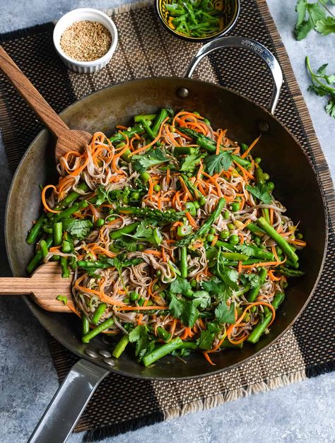 Stir Fried Soba Noodles with Vegetables | Eat Well Enjoy Life Soba Noodle Sauce, Japanese Soba Noodle Recipe, Soba Noodle Recipe, Japanese Soba Noodles, Noodles With Vegetables, Noodle Sauce, Buckwheat Soba Noodles, Soba Noodles Recipe, Julienned Carrots