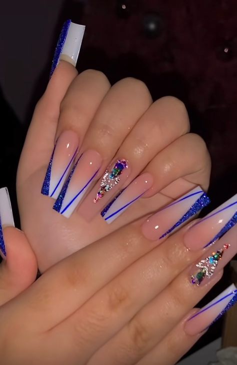 Blue And White Toe Nails, Royal Blue And White Acrylic Nails, Blue Nails With Diamonds, Nails Acrylic Royal Blue, Royal Blue And White Nails, Notpolish Nails, Royal Blue Nails Designs, Bedazzled Nails, Blue Prom Nails