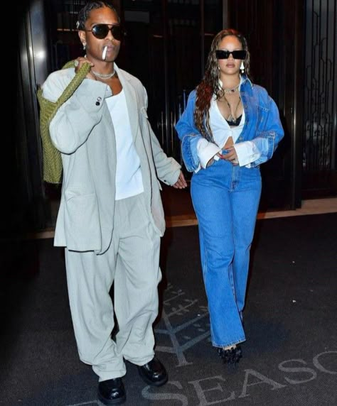 Asap Rocky And Rihanna, Asap Rocky Outfits, Asap Rocky Rihanna, Rihanna And Asap Rocky, Rihanna And Asap, Fenty Rihanna, Denim On Denim Looks, Rihanna Outfits, Bad Gal Riri