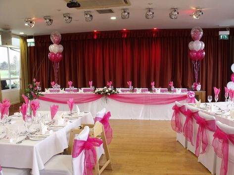 Hot Pink Wedding Decorations done at the Fry Club, Keynsha… | Flickr Hot Pink Wedding Decorations, Pink Table Runner Wedding, Hot Pink Table, Pink Table Runner, Hot Pink Decor, Hot Pink Wedding, Green Wedding Decorations, Balloons Flowers, Pink Wedding Decorations