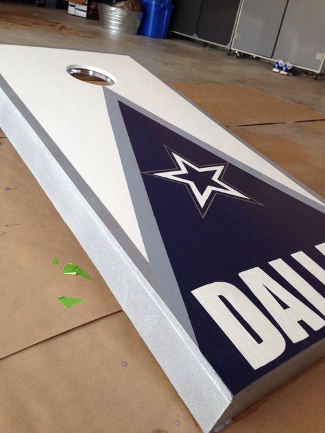 Custom Dallas Cowboys corn hole board! #diy #housewarminggift Dallas Cowboys Cornhole Boards Designs, Dallas Cowboys Cornhole Boards, Cowboys Cornhole Boards, Diy Cornhole Boards, Cornhole Boards Designs, Corn Hole Diy, Cornhole Designs, Cornhole Board, Corn Hole