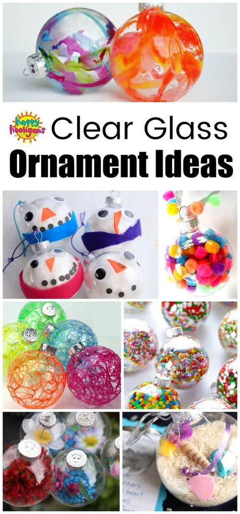 Fun and Creative ways to decorate a clear glass or plastic ornament. Great Christmas Craft ideas here for kids of all ages. #HappyHooligans #Ornaments #HomemadeOrnaments #ChristmasCraftsForKids #PreschoolChristmasCrafts #ToddlerChristmasCrafts #GlassOrnaments #PlasticOrnaments #ClearOrnaments #Crafts #Tweens Decorating Clear Christmas Ornaments, Fillable Christmas Ornament Ideas For Kids, Plastic Bauble Ideas, Plastic Christmas Ornaments Ideas, Christmas Ornaments With Clear Plastic Balls, Kids Made Ornaments, Ideas For Clear Ornaments, Decorate Clear Ornaments Diy Ideas, Christmas Ornaments With Clear Balls