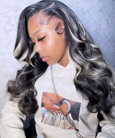 Salt And Pepper Hair Sew In, Side Part Hairstyles Weave, Black And Blonde Hair Black Women, Black Hair With Grey Highlights, Black And Grey Hair, Dark Brunette Hair, Blonde Streaks, Sew In Hairstyles, Birthday Hairstyles