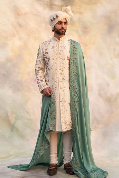 Ivory Sherwani, Green Sherwani, Jatin Malik, Embroidered Sherwani, Sherwani Groom, Scallop Border, Luxury Sale, Embroidered Neckline, Embroidered Silk