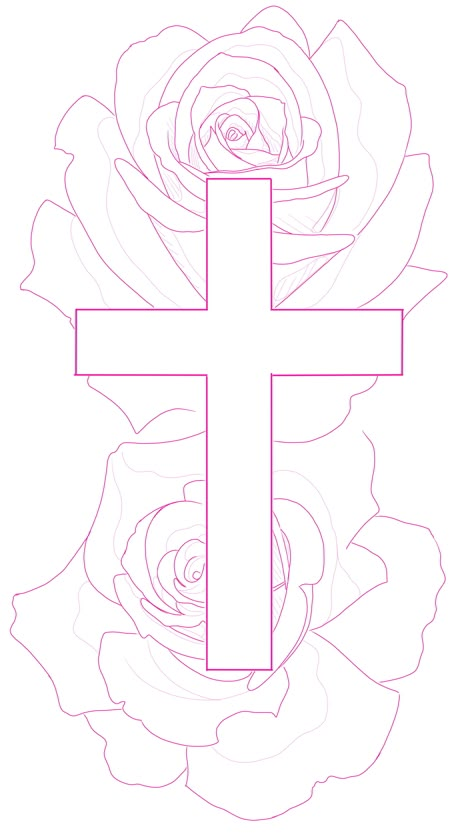 Cross And Rose Tattoo Design, Cross Roses Tattoo Design, Three Crosses Tattoo Design Stencil, Cross With Roses Drawing, Cross Art Drawing, Cross And Rose Tattoo, Cross With Roses Tattoo, Cross Tattoo Stencil, Cross Stencil