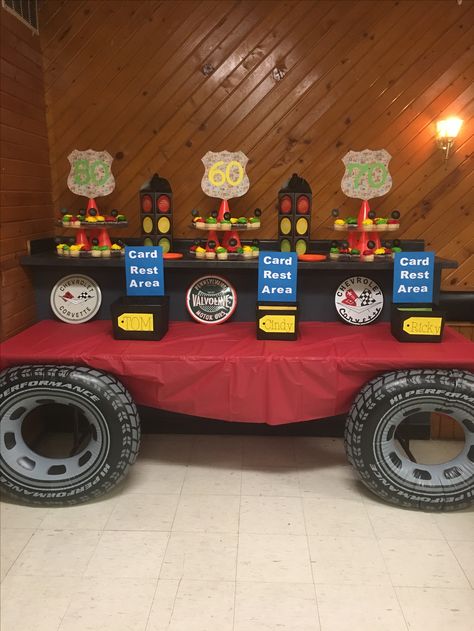 50, 60, 70 life is a highway birthday party theme 70years Old Birthday Theme, Truck Driver Retirement Party Ideas, Route 66 Party, Route 66 Theme, Road Trip Theme, 66th Birthday, Life Is A Highway, Hot Wheels Party, Monster Truck Party