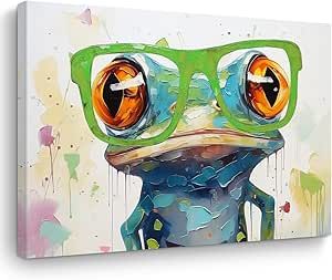 Frog With Glasses, Frog Wall Decor, Frog Wall Art, Colorful Animal Paintings, Frog Pictures, Frog Decor, Wall Art Funny, Frog Gifts, Modern Wall Art Canvas