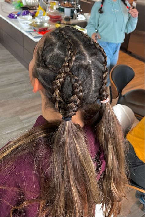 dutch braids Braided Sporty Hairstyles, Volleyball Hair Bows, Soccer Hairstyles, Track Hairstyles, Soccer Hair, Volleyball Hair, Basketball Hairstyles, Gymnastics Hair, Softball Hairstyles