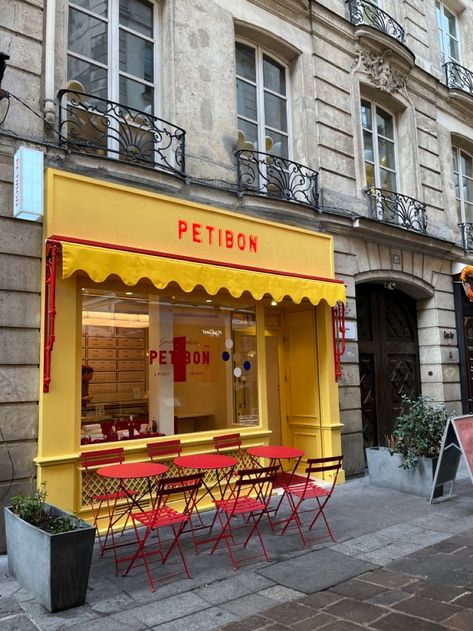 Yellow And Red Aesthetic, Red And Yellow Aesthetic, Yellow Red Aesthetic, Yellow Coffee Shop, Yellow Restaurant, Paris Vibe, Red Restaurant, Pasta Shop, Small Restaurant Design