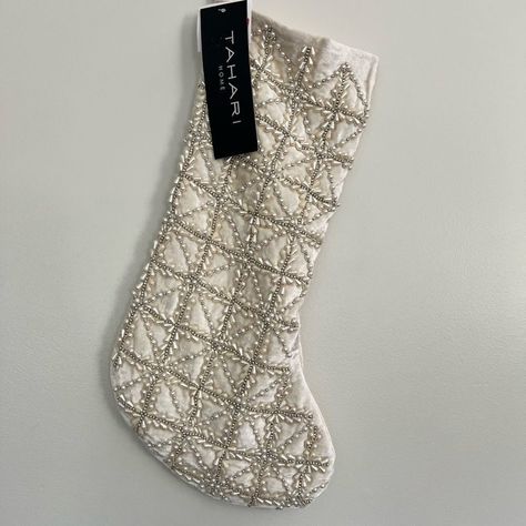 Beaded Stocking By Tahari Creamy White With Beads Holiday Beading, Beaded Spiders, White Stockings, Halloween Beads, Gold Glam, Velvet Quilt, Woven Handbags, Holiday Stockings, White Halter Maxi Dress