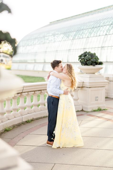 Engagement photo of couple in pastel colors kissing in front of Conservatory in St Paul Minnesota Photography Location Ideas, Engagement Photo Location Ideas, Como Conservatory, Photo Location Ideas, Saint Paul Minnesota, Photography Location, Unique Engagement Photos, Summer Engagement Photos, Champagne Pop