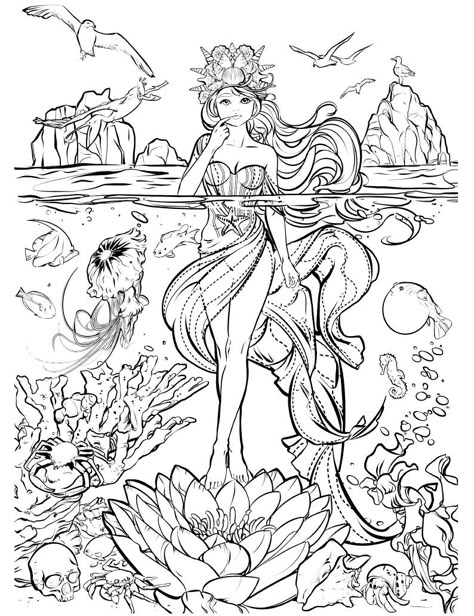 Mermaid Queen, Super Mario Coloring Pages, Coloring Pages For Grown Ups, Coloring Pages Inspirational, A Coloring Page, Adult Coloring Designs, Detailed Coloring Pages, Mermaid Coloring Pages, Adult Colouring Pages