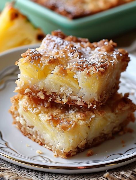 Need a sunny escape from the everyday? Just one blissful bite of these pineapple bars will instantly transport you to an island-inspired happy place. They're bright, buttery and absolutely bursting with all the vibrant sweet-tart Pineapple Coconut Squares Recipe, Fruit Squares And Bars Recipes, Easy Desserts Pineapple, Pioneer Woman Orange Bars, Tropical Pineapple Bliss Bars, Pineapple Bliss Bars Recipe, Pineapple Bliss Bars, Pineapple Squares Recipe, Decadent Dessert Recipes