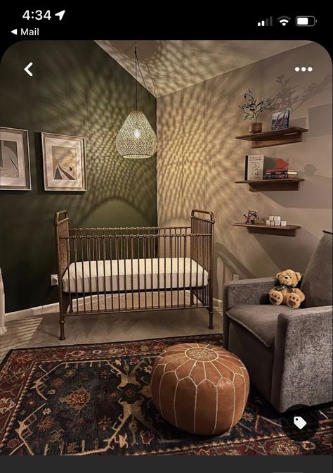 Green And Light Brown Nursery, Speakeasy Nursery, Nursery Dark Academia, Dark Earthy Nursery, Cozy Modern Nursery, Non Traditional Nursery Ideas, Dark Theme Nursery, Hobbit Inspired Nursery, Hunter Green Nursery Gender Neutral