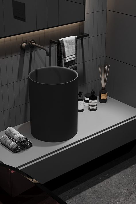 Dark. on Behance Bathroom With Red Accents, Dark Moody Interior, Black And Grey Living Room, Wash Counter, Grey Bedroom Rug, Dark Apartment, Modern Bar Stools Kitchen, Glass Bathtub, Modern Kitchen Bar